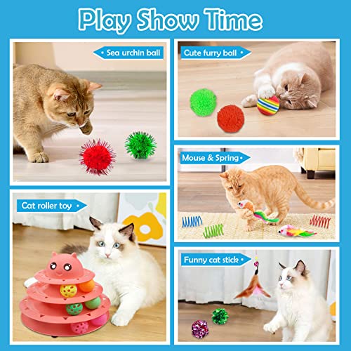 UPSKY 20 PCS Cat Toys Set with Teaser, Mice, Spring, and Various Ball Toys - color: B-Red