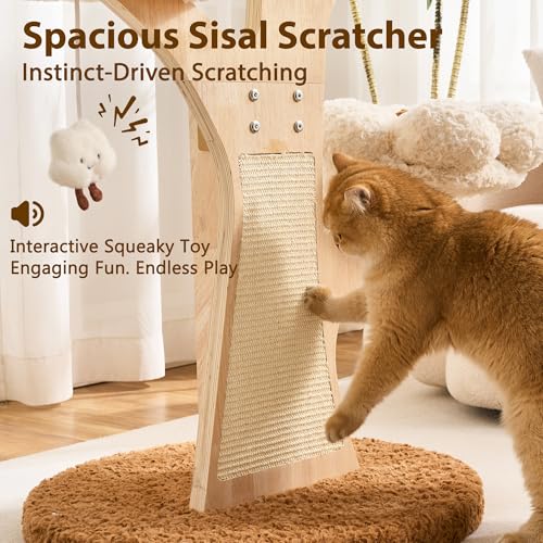 Aesthetic Flower Cat Tree Tower with Scratching Post for Indoor Cats, 48" Modern Cat Tree with Wood Sculpted Branch, Flower Cat Beds, Scratching Board & Interactive Squeaky Toy, Creamy White - color: 48"-Creamy White