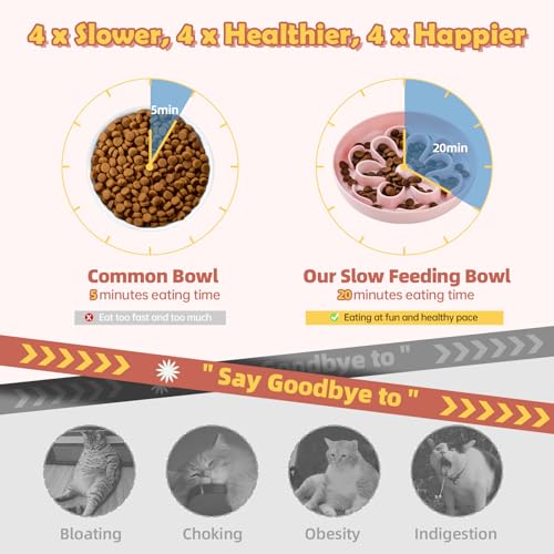 Slow-Food Cat Bowl - Made of Melamine, Suitable for Both Dry and Wet Food - Cute Flower Maze Pattern, Promotes Healthy Feeding and Helps Protect Whiskers - Dishwasher Safe - 6.3 in Wide x 1.1 in high - color: Pink
