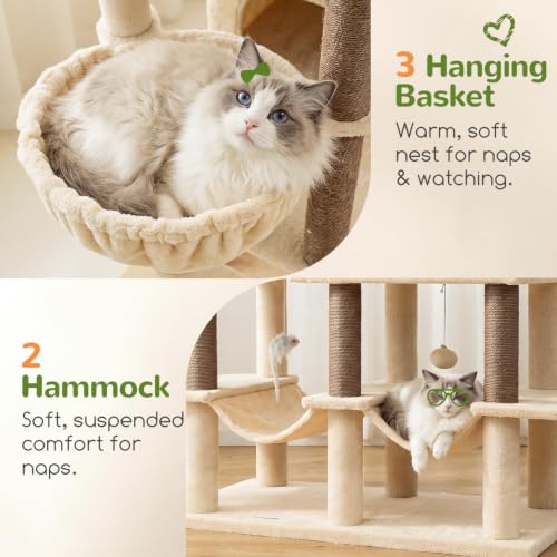 Globlazer 81in Multi-Level Larger Cat Tree Tower Condo Indoor Furniture Activity Center with Oversized Plush Cat Bed/Baskets/Full-Sisal Scratching Posts and Hammock/S81/Beige - color: Beige, size: 81 Inch