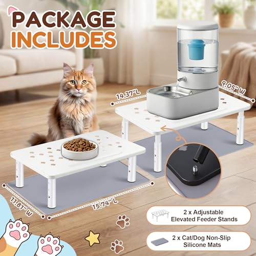 Dreyoo 2 Set Adjustable Cat Food Stand, White,Gray Mat - color: White