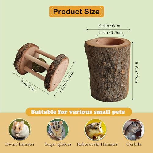 4 PCS Natural Apple Wood Hamster Tunnel and Roller Toy Set Small Animal Hideout and Chew Toys for Dwarf Hamsters Mice Gerbils Rats Sugar Gliders Cage Enrichment Accessories (Style-B) - color: B