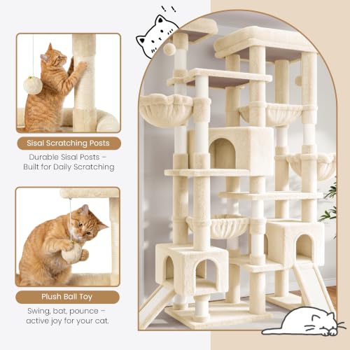 SHA CERLIN 87 in Multi-Level Tall Cat Tree Tower for Large Cats/Extra Wide Feline Activity Center/Sisal Scratching Posts/Wide Base/Cozy Plush Perches/Baskets/Hammocks/Toy Balls/Beige - color: Beige
