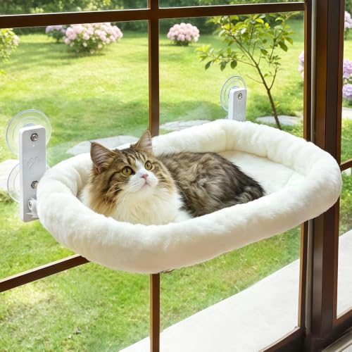 AMOSIJOY Cordless Cat Window Perch with Cushion Bed Metal Frame, L White - color: White Cushion Bed, size: Large