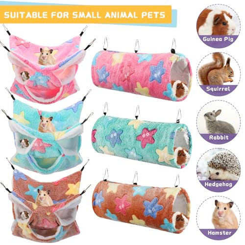 Sweetude 6 Pcs Rat Hammock Set Ferret Hanging Tunnel 3 Tier Guinea Pig Hammocks Hideout Soft Chinchilla Bed for Cage Accessories Hide,Play and Sleep(Dreamy,Star) - color: Dreamy