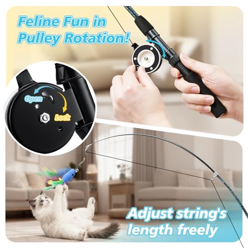 Pawaboo Cat Teaser Wand Toys, Cat Fishing Pole Toy with 3 PCS Feathers - color: Plush-Blue