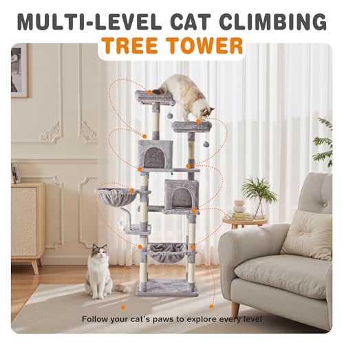 DUMOS Tall 71 inch Cat Tree Tower with Scratching Posts, Multi Level - color: Light Grey, size: 71×21.3×17.3IN
