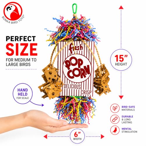 Bonka Bird Toys Popcorn Explosion Bird Toy 15" x 6" Foraging Shredding Toy for Small to Medium Birds Parakeets Cockatiels Conures Natural Paper Cardboard Hanging Cage Toy (Pack of 1) - size: Pack of 1