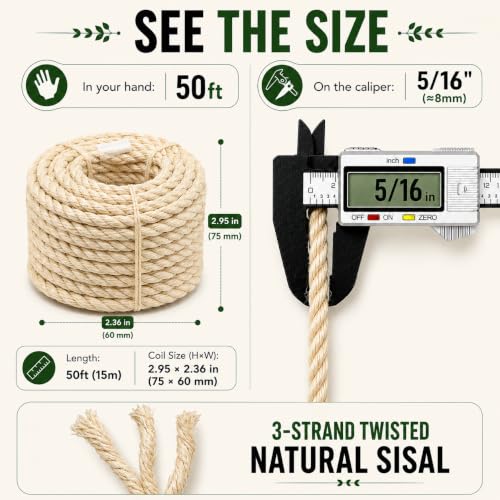 Thick Sisal Rope for Cat Scratching Post 5/16 Inch x 50 ft - size: 5/16" x 50FT