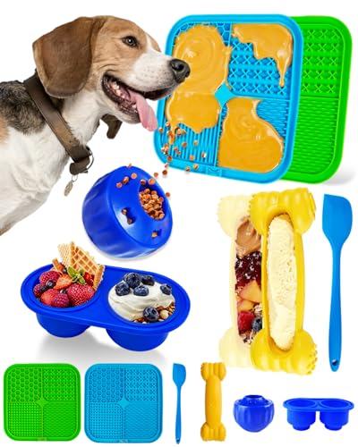6 Value Pack Enrichment Toys for Dogs Lick Mat, Frozen Bone Power Chew & Frozen Dog Puzzle Toy, Treat Dispensing Slow Feeder Dog Enrichment Toys to Keep Them Busy for Stimulating & Cognitive Toys - color: Blue-Green-Klein-Yellow