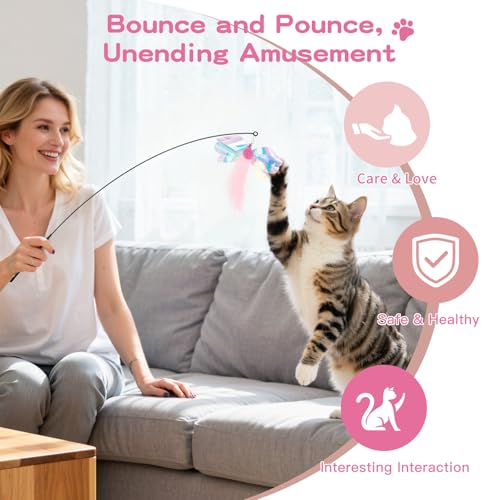 Pawaboo Cat Feather Wand Interactive Toy, 2 Feathers + 1 Wand with Bell - color: Pink Butterfly