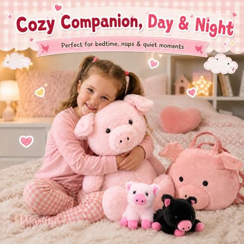 Pig Stuffed Animal with 2 Babies and Backpack, 21 Inch Pink Plush - style: Pig Backpack