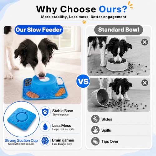 2-in-1 Slow Feeder Dog Bowl, Rolling Ball & Lick Mat, Large Blue