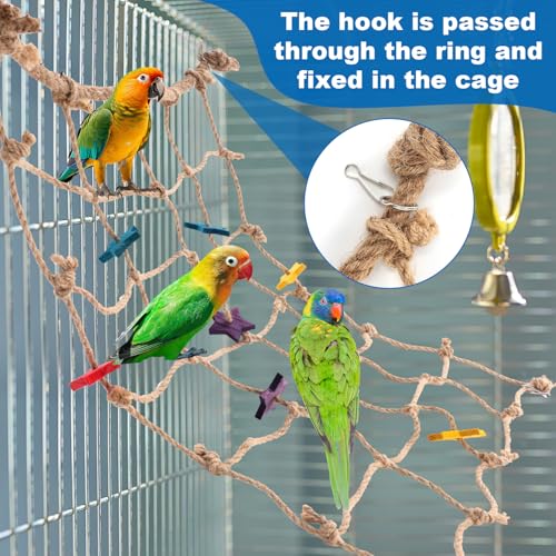 Parrot Climbing Rope Net, 21.65x20.87in Colorful Star Design Bird Hammock Ladder Seagrass Mat Chew Toys with 4pcs Hooks Cockatiels Cage Accessories for Pigeons Cockatoos Parakeets