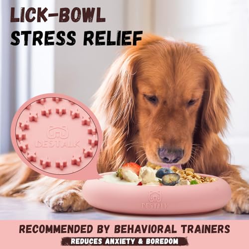 Dog Lick Bowl, Bestalk Anxiety Relief Slow Feeder Dog Lick Mat Treat Dispenser, Non-Slip Licking Bowl Enrichment Toys, BPA Free Silicone, Dishwasher Safe - color: Pink