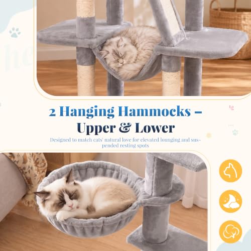 Hey-brother Cat Tree Tower with Padded Platform Bed, Hammock, MPJ019-SW - color: Light Gray