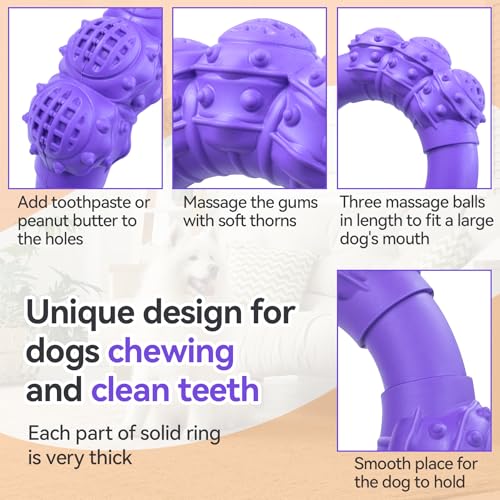 Indestructible Dog Chew Toys for Aggressive Chewers, Super Chewer Toys for Medium Large Dogs, Interactive Ring Toy, Heavy Duty Teething Toys - color: Purple