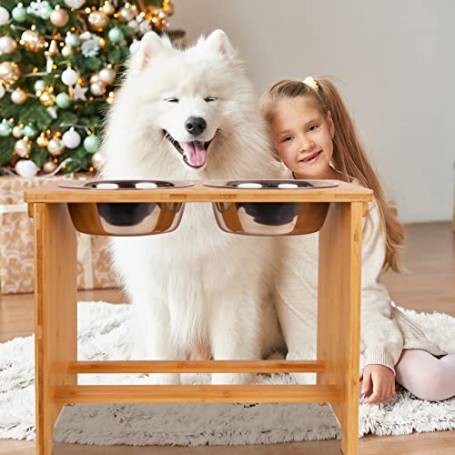 HTB Elevated Dog Bowl Stand with 2 Stainless Steel Bowls-14 H XLarge Bamboo - color: Bamboo, size: X large-14"tall,48 Oz bowl