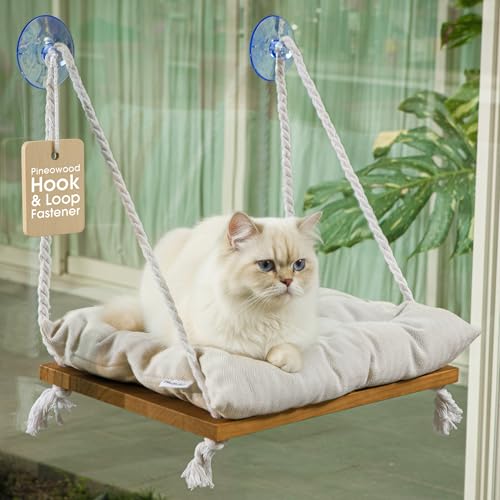Cat Window Perch, Indoor Hammock Bed with Solid Pine Wood, 4 Industrial-Grade Suction Cups, Window Hammock with Soft Cushion for Cats, Space Saving Design - color: Beige