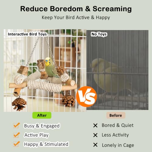 Bird Swing Perch Toy, Hanging Wooden Bird Swing with Rope Wrapped Perches, Pine Cones and Natural Chew Elements for Parakeets, Budgies, Cockatiels, Lovebirds and Small Birds