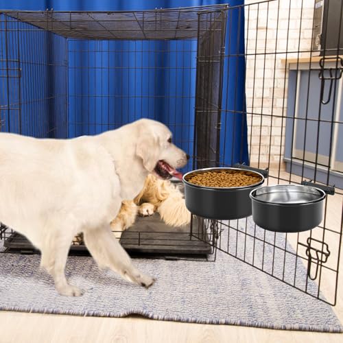2 Pcs Stainless Steel Large Dog Crate Food Water Bowl, 56 & 41 OZ - color: Black, size: L (56 & 41 OZ)