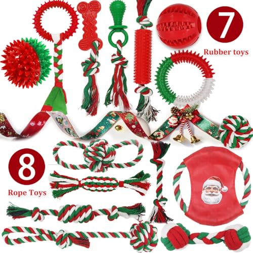 Christmas Dog Toys 15 Pack, Puppy Rubber Chew Toys with Rope Toys Set, Interactive Tough Christmas Gifts Box for Dogs, Training Playing Teething Busy Toys Bulk for Holiday Puppies Presents - color: Red