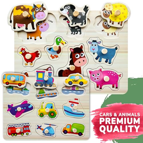 Wooden Puzzles for Toddlers 1-3 - 6X Set Toddler Puzzles Ages 2-4 with Rack - color: Set of 6