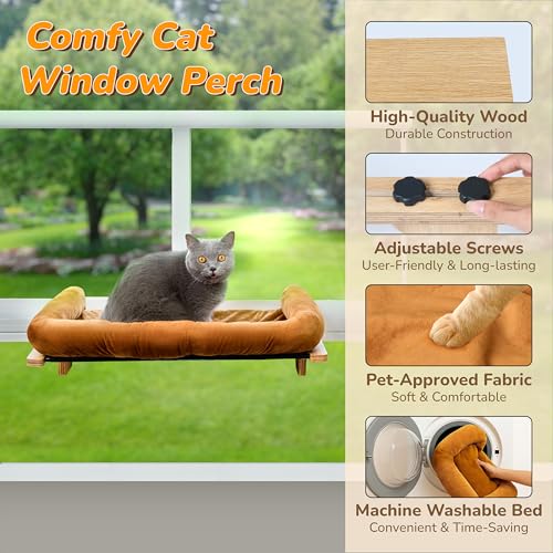 [Ready to Gift] PURRHOUSE 45LBS Cat Window Perch with Bolster, Hammock Seat with Plywood & Metal Frame, Cat Bed for Windowsill, Bedside and Cabinet (Natural Wood & Brown Cushion, 24.8''W x 9.4''H) - color: Natural Wood & Brown Cushion