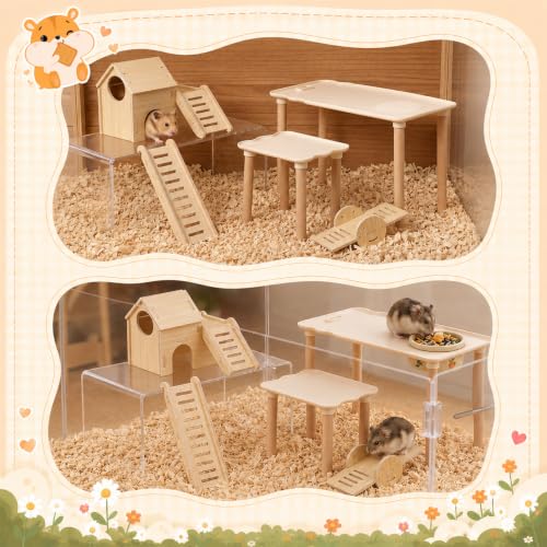 Novabright 5 Pcs Hamster Platform Playground Set, Wooden Hamster Hiding House Cage Accessories with Multi-Functional Platform, Seesaw, Ladder and Slide for Dwarf Syrian Hamsters, Gerbils, Mice