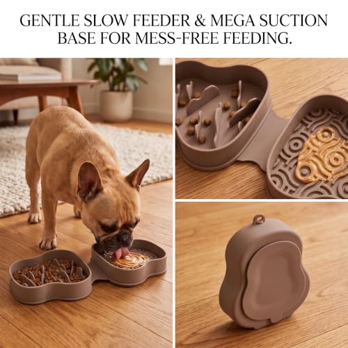 Collapsible Dog Travel Bowl with Lid, Slow Feeder (Khaki) - color: khaki