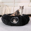 Plush Cat Tunnel Bed for Indoor Cats with Soft Cushion, Multi-Shape Play Cave with Hanging Balls, Large and Foldable Cat Donut Tunnel for Small and Large Pets (Black) - color: Black