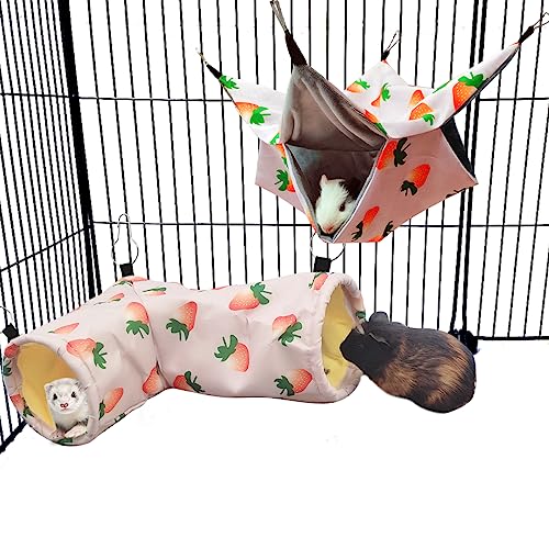 Large Caliber Guinea Pig & Rat Tunnel Hideout & Hammock, Corner Hideout Toy for Guinea Pig, Ferret, Hedgehog & Piggy to Hide and Shuttle (2. Hammock&Tunnel-Strawberry) - color: 2. Hammock&Tunnel-strawberry