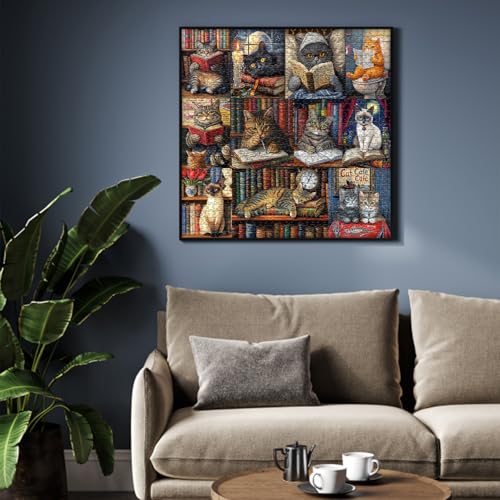 Vintage Cat Puzzles for Adults 1000 Pieces，PICKFORU Retro Cat Library Themed, Book Kitten Bookshelf Jigsaw Puzzles Collage Challenge - style: Retro
