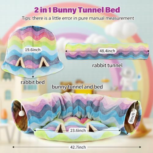 BWOGUE Bunny Tunnel Bed, 2-in-1 Collapsible Rabbit Tunnel Hideout with Mat - color: Rainbow