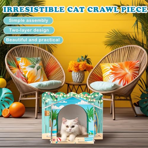 2 Story Cardboard Cat House with Scratcher Pad, 17x12x10, Hawaii - style: Hawaii
