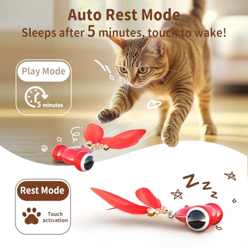 KiTiFISH 【2025 Upgrade】 Interactive Cat Toy, Automatic Cat Toy with Motion Activation, USB Rechargeable, Fast Rolling on Thin Carpet, Fun Exercise Toy for Indoor Cats, Durable Feather Tail and Bell - color: Rose red