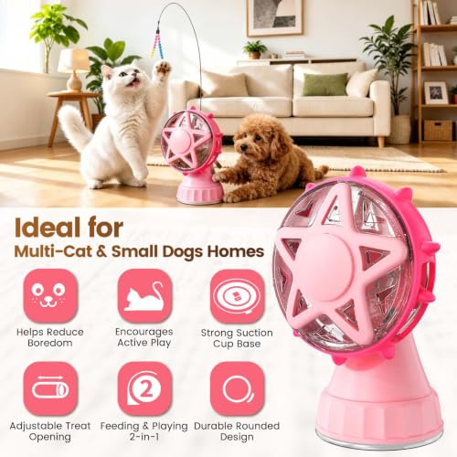 2in-1 Cat Slow Feeder and Interactive Cat Puzzle Toy,Ferris Wheel Treat Dispenser with Strong Suction Cup Base and Adjustable Food Leakage Holes,Food-Grade BPA-Free PP Cat Toys (Pink) - color: Pink