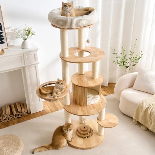 Solid Wood Cat Tree Tower with Scratching Post, 67 Inches Tall Cat Towers with Capsule and Condo, Modern Cat Tower with Rotating Ball Toy and Removable Top Bed for Indoor Cats - color: 67 inch-Condo