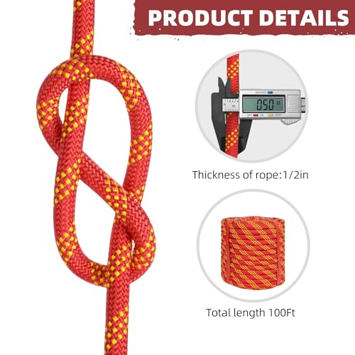 1/2 Inch Static Climbing Rope (100 Ft) - 9000lbs High Strength Arborist Bull Rope for Tree Pulling, Rigging & Rappelling - 48 Strand Polyester Braided Core, Red - size: 1/2in x 100ft, style: Red