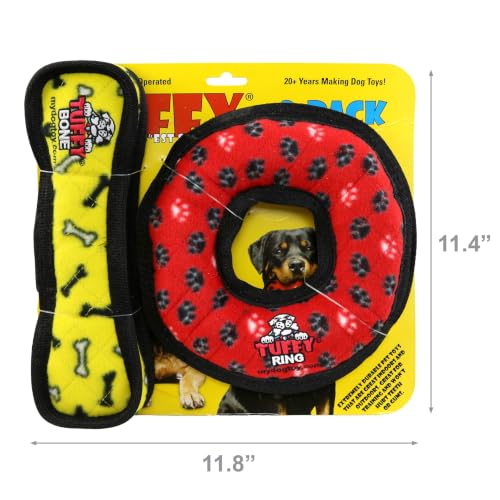 TUFFY® : 2 Pack Ring Bone Dog Toy: Ultra Durable Plush Toy with Multiple Layers & Reinforced Seams, Washable and Floats, Original Construction - color: 2PK Red Ring Yellow Bone