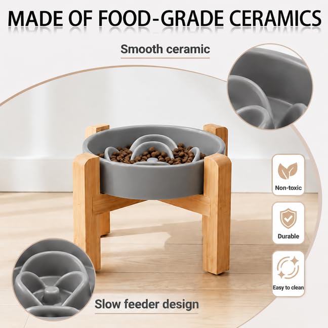 Petygooing Elevated Slow Feeder Ceramic Dog Bowls 8.26in, Slow Feeder Elevated Bowl for Small&Medium, Ceramic Slow Feeder Heavy Weighted Non-Toxic Non-Slip Puzzle Maze (Gray, 8.26in) - color: Gray, size: 8.26in