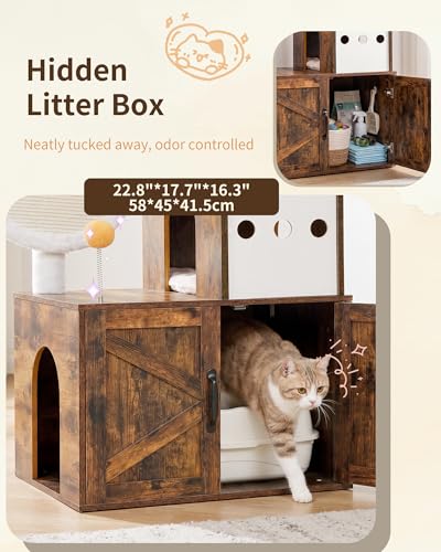 Heybly Cat Tree with Litter Box Enclosure, Modern 64" Hidden Tower HCT105SR - color: Rustic Brown