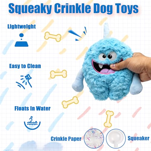Monster Stuffed Squeaky Dog Toy, Crinkle Dog Plush Toy, Light Blue - color: Light Blue