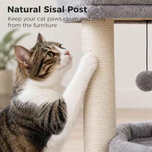 PEQULTI Small Cat Tree Tower for Indoor Cats, Sisal Post & Cozy Condo, Grey - color: Grey, size: M(15.7"L x 15.7"W x 26.7"H)