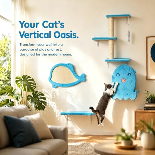 COZIWOW Wall Cat Tree,4Pc Ocean Blue Octopus Sisal Perch Multi-Cat Home - color: Ocean Blue