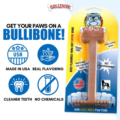 Bullibone Nylon Dog Chew Toy for Aggressive Chewers - Dental Hygiene Bone with Beef Flavor, Durable Tough Chew Toys for Large Dogs, Indestructible Dog Bone - 3 Pack - size: Large - 3 Pack