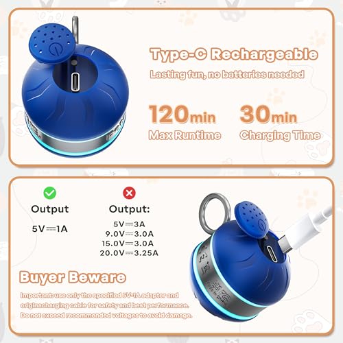 Speedy 2.0 Tail Interactive Cat Toys for Bored Indoor Adult Cats,Rechargeable Automatic Cat Toy Balls Self Moving Chirping,Electric Cat Ball Toy for Smart Kitten Enrichment Exercise Essentials(Blue) - color: Blue
