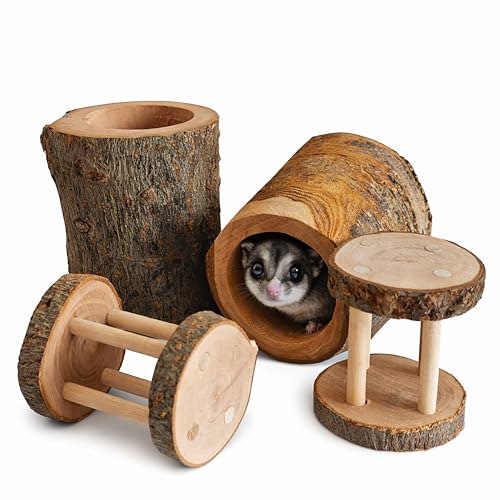 4 PCS Natural Apple Wood Hamster Tunnel and Roller Toy Set Small Animal Hideout and Chew Toys for Dwarf Hamsters Mice Gerbils Rats Sugar Gliders Cage Enrichment Accessories (Style-A) - color: A