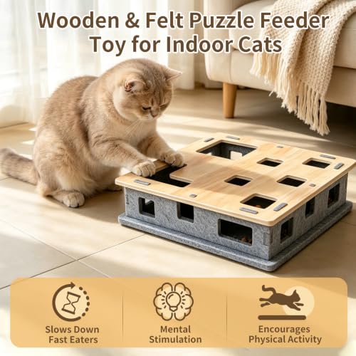 Wooden Felt Cat Slow Feeder Puzzle Box