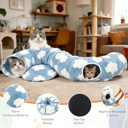 Cat Tunnel Bed with Toys – Large Collapsible Play Tube (Blue) - color: Cozy Clouds Blue